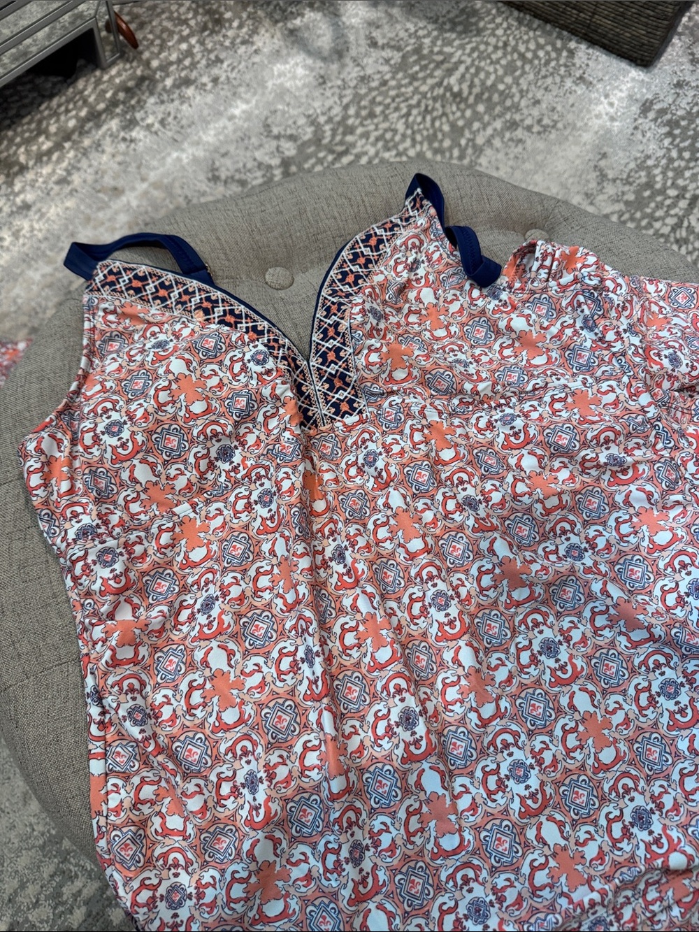 Cabana Life Coral, White & Navy Printed V-Neck Swim suit with Navy Trim